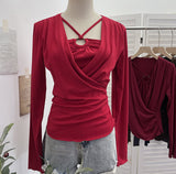 French Design Sense Hanging Neck Cross-Folded Long-Sleeved T-Shirt Inside The Fake Two-Piece Top Female 2767