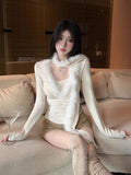 Pure Hair Splicing V Collar Long Sleeve Bottom Shirt Autumn And Winter Hottie Slime Top With Fur Scarf