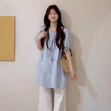 Korean Design With Blue Wave Dot Short-Sleeved Dress Women's Summer 2026 New Small Loose Leisure Top