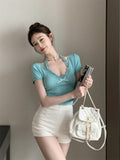Lace Lace Lace Bow Sexy V-Neck Short-Sleeved T-Shirt Girl Summer Design Picts Hanging Neck Repair Short Blouse