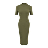 Simple High-End Temperament Half-High-Necked Mid-Sleeve Dress Woman Body Bottom After The Fork Bag Dress