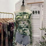 Vintage Graffiti-Printed Shoulder-Threin Mesh Long-Sleeved Blouse Side Drawstring Tethered With Slime T-Shirt 8959