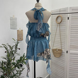 Hanging Neck Lotus Leaf Side Ribbon Print Between The Draw Folded Lace With Bareback Bow Dress 22070