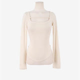 Spring And Summer New Temperament Slim Square Hollow Design Feeling Han Linen Long Sleeves And Bottom Shirt T-Shirt Woman
