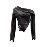 Real Shooting Short Slant Shoulder Small Leather Coat Women Pu Skin Cool Irregular Small Zipper Locomotive Top 2786