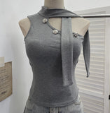 Real Shooting Hanging Neck Small Sling Vest Outside Wearing Brooch Knitting Elastic Shoulder Ribbon Hottie Top 1052