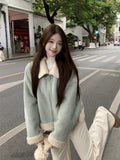 Korean High-Grade Light Blue Collar Short Lamb Wool Coat Women 2026 Winter Leather Jacket Top