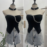 Thai-Style Hanging Neck Small Sling With Drill With Chest Pad Irregular Wearing Sleeveless Knitting Top 9211