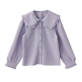 College Style Sweet Doll Collar Splicing Wooden Ear Lace Waffle Long-Sleeved Shirt Top Female Loose Type
