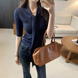 French Chic Hottie V Tie With Slim Short-Sleeved Knitted Shirt Women's Spring And Summer 2025 New Temperament Thin Top