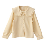 College Style Sweet Doll Collar Splicing Wooden Ear Lace Waffle Long-Sleeved Shirt Top Female Loose Type