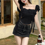 [] Solid Color Splicing Trend Drift Belt Vest Female Pure Lust Wind Lotus Leaf Side Design Slings