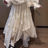 French Heavy Industry Embroidery Bow Irregular Lace Knitted Skirt Women Autumn And Winter High-End Fairy Dress