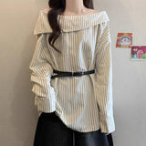 2026 New Chic Temperament One-Word Collared Fashion Stripe Early Autumn Long-Sleeved Shirt With Waistband