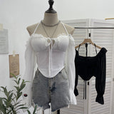 Real Shooting Explosion Two-Word Shoulder Hanging Neck Sling Shirt Irregular Horn Sleeve Chiffon Top 8873