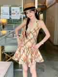 French Retro Lattice Hanging Neck Dress Giant Looking Hottie Wearing Lace Splicing Temperament Short Skirt Summer