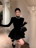 Hepburn Small Black Dress Half-High Collar Long-Sleeved Dress 2025 New Waist-On-Coat Dress Women's Black Fluffy Skirt