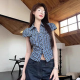 Korean Hottie Polo Collar Blue Plaid Short-Sleeved Shirt Women Summer Chic Repair Waist Small Shirt Top