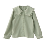 College Style Sweet Doll Collar Splicing Wooden Ear Lace Waffle Long-Sleeved Shirt Top Female Loose Type