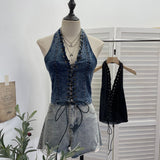 Real Shoot Water Wash Denim Front Open Lashing Neck Bare Back Small Sling Vest Deep V Spice Girls Short Blouse 2852
