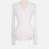 Spring New V-Neck Belt Temperament Thin Micro-Permeable Top Korean Linen Long-Sleeved Knitted T-Shirt Woman
