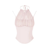 Pink Mesh Splicing Hanging Neck Vest Sling Women's Summer Pure-Bouted Bow Sleeveless Top