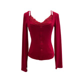 Real Shooting Spice Girls Fake Two Lace Slings Splicing Side Single Buckle Casing Long Sleeve Bottom Shirt 2828