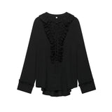 Summer New Loose V-Neck Cascade Trim With Long-Sleeved Shirt