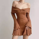 Spice Girls Pure Lust Wind Shoulder Cross Long-Sleeved Dress Women Autumn And Winter New Dress Waist A Word Outside Wearing Short Skirt