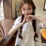 Bubble Sleeves Age-Reduced Lace Side Short-Sleeved Shirt Women Summer Lace With Loose Blouse Bubble Sleeve Top