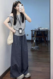 Lazy Commuting Leisure Sports Suit Women's Summer Slanted Shoulders Short-Sleeved T-Shirt Loose Lattice Broad Leg Pants Two-Set