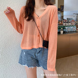 Fashion Long-Sleeved V-Neck Thin Hollow Sun Protection Coat Women Autumn New Knitted Top Air-Conditioning Cardigan Women
