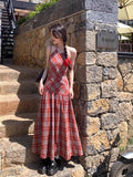 Red Lattice Dress Niche Hanging Neck Sling Skirt Girl Summer Bare Back Strap A Skirt Temperament Seaside Dress