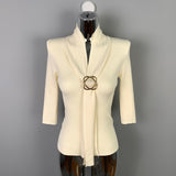 Belt Ribbon Design Seven-Sleeve Top To Slim Thin Knitted Women's Metal Buckle Summer New Short-Sleeved South Korea