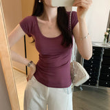 Korean Chic Pure Desire Thin U Collar Shoulder Short-Sleeved T-Shirt Women 2025 Summer New Slime T-Shirt