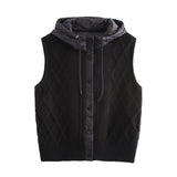 BSK&TRAF Women's Clothing Fall 2025 New Retro Leprosy Quilted Cotton Splicing Knitted Hooded Vest