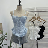 Real-Hand Shot Thai With Chest Pad Strap Lace Splicing Irregular Sling Vest Short Sleeveless Top 2860
