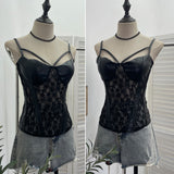 Spiced Lace Pu Skin Spliced With Chest Cushion Perspective Sling Vest Back Blouse 1375
