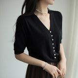 Short-Sleeved Ice Silk Knitted Women's 2026 Summer New Pearl Buckle Design Small Loose Thin Top