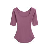Pure Sexy Slimy Big U-Neck Basic T-Shirt Girl Summer New Body Sleeve Bottom Shirt Top