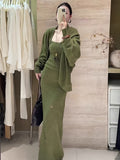 Autumn And Winter Lazy Wind Relaxation Knitted Three-Piece Set Of Women's New Medium And Long Knitted Open Shirt Sling Half-Body Set