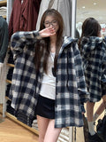 Vintage Languid Wind Bumpy Long-Sleeved Plaid Shirt Coat Women's Autumn Loose Casual Small Hooded Top