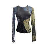 Pictsey Tat Yarn Print Bottom Blouse Spliced Lace Long-Sleeved T-Shirt 22917
