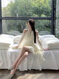 French Temperament Sexy Shoulder Hanging Neck Lotus Side Waist Chiffon Dress Women 2026 Summer New Dress