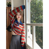 Vintage POLO Collar Striped Knitted Shirt Girl Spring And Autumn Small Loose Short-Sleeved Sweater Chic Top