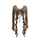 The Wasteland Wind Irregularly Drifted With Lotus Leaf Edge Strap With Hole Open Shirt Short Long Sleeves 9256