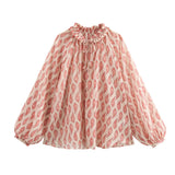 Spring New Lace Printing Loose Wood Ear Trim Shirt
