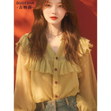 Yellow Lotus-Leaf-Side V-Neck Shirt Women's Autumn Pop Chic Niche Design Top Elegant Chiffon Shirt