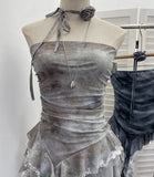 Real Shot With Hanging Neck Flower Braid Vest Dye Mesh Irregular Lace Ribbon Sleeveless Top 1596