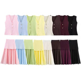 Summer New Gold Button Knitted Vest Small Folding Splicing Skirt Set